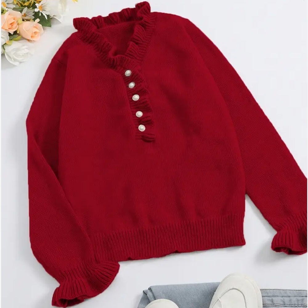 Valentine’s fluffy red sweater ruffle & button detailing ruffled cuffs sz medium - Picture 11 of 12